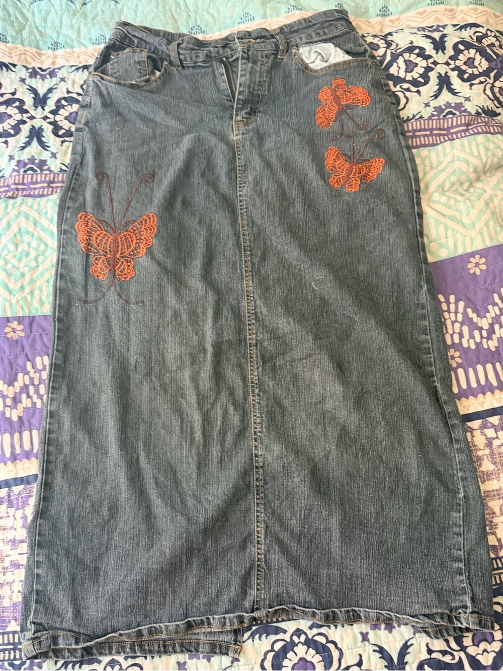 h.i.p. Dark Denim Maxi Skirt with Orange Butterfly Embroidery